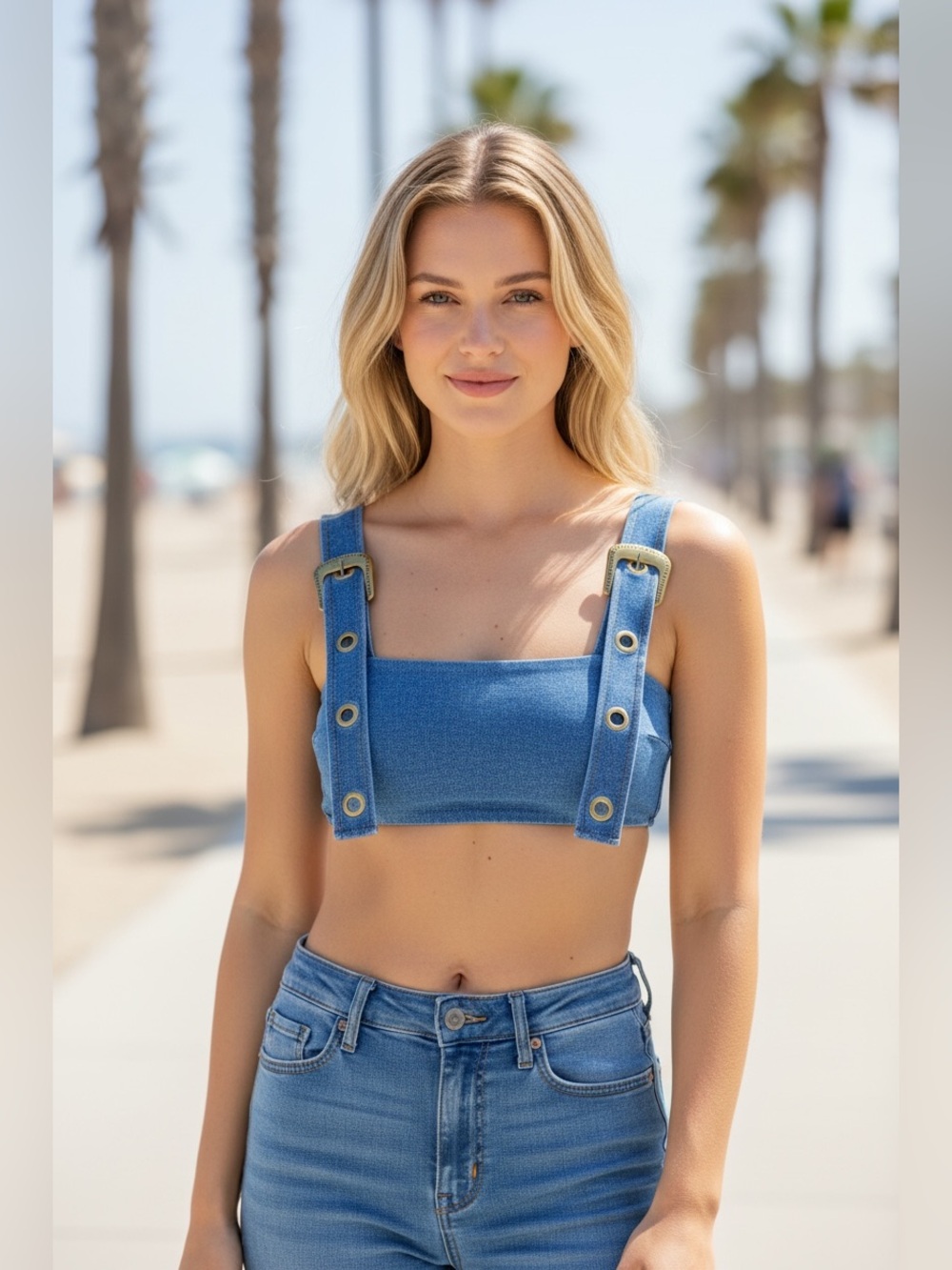 Eastnwest Western Style Denim Bikini Top With Brass Buckles Blue Sz M NWT